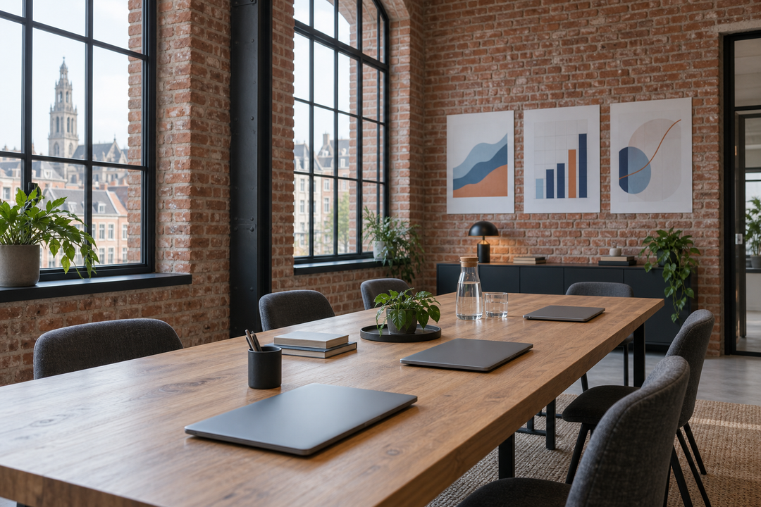 Bureaux du cabinet en briques, table de travail et courbes epingelees